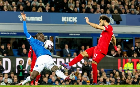 Mohamed Salah of Liverpool (right) in action during the English Premier League soccer match against Everton.
