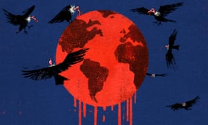 Illustration - of vultures feasting on planet dripping with blood – by Ben Jennings