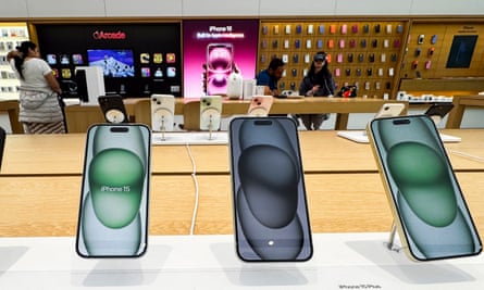 Apple iPhones on display in a store