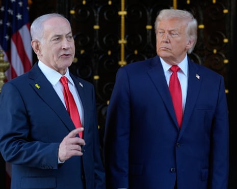 Benjamin Netanyahu speaks to reporters alongside Donald Trump at Mar-a-Lago.