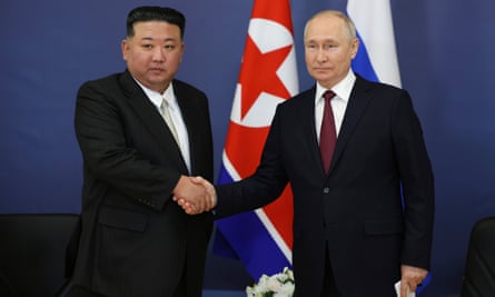 Russian President Vladimir Putin, right, and North Korea’s leader Kim Jong-un shake hands during their meeting at the Vostochny cosmodrome outside the city of Tsiolkovsky, about 200km (125 miles) from the city of Blagoveshchensk in the far eastern Amur region, Russia, on 13 September 2023.