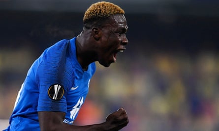 David Datro Fofana celebrates after scoring for Molde in a Europa League game against Hoffenheim in February 2021.