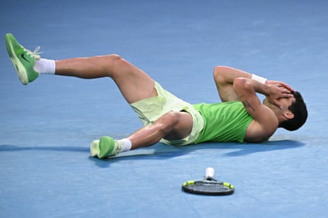 Carlos Alcaraz celebrates winning an epic semi-final against Alex Zverev.