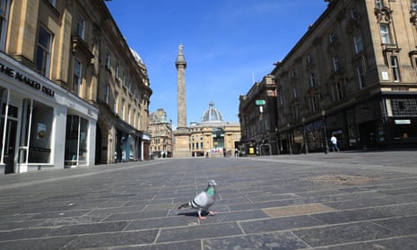 Grey’s monument stands at the top of an empty street in Newcastle upon Tyne as shops and business remain closed and the population in lockdown in the UK’s continuing fight against the coronavirus.