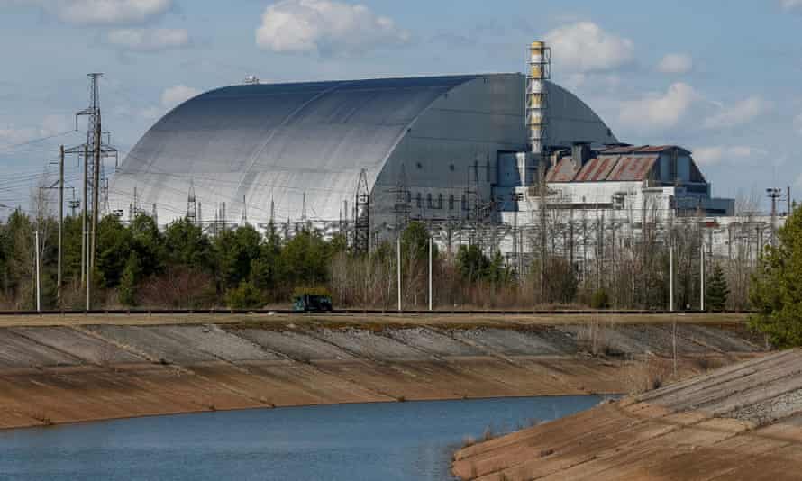 General view of the new safe confinement structure over the old sarcophagus covering the damaged fourth reactor at the Chernobyl Nuclear Power Plant.