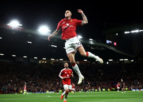 Sesko jumps in the air whilst celebrating