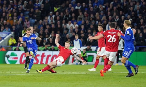 Leicester City's James Maddison scores their side's first goal of the game after his shot was deflected in by Nottingham Forest's Scott McKenna.