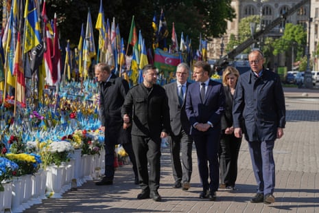From left, Polish prime minister Donald Tusk, Ukrainian president Volodymyr Zelenskyy, UK prime minister Keir Starmer, French president Emmanuel Macron, German chancellor Friedrich Merz at Kyiv’s Maidan.