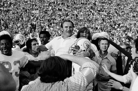 Don Shula is carried off the field after his Miami Dolphins team won the 1973 Super Bowl against the Washington Redskins in Los Angeles.