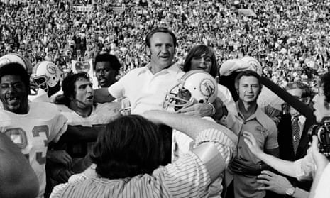 Don Shula is carried off the field by his players after the 1972 Miami Dolphins completed their unbeaten season in Super Bowl VII