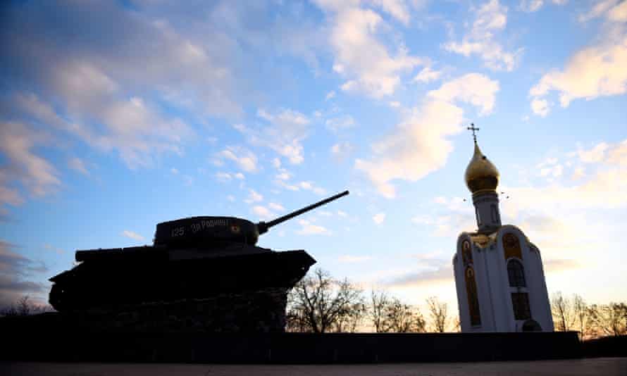 A tank set up as a tourist attraction in the city centre in Tiraspol in Transnistria, Moldova