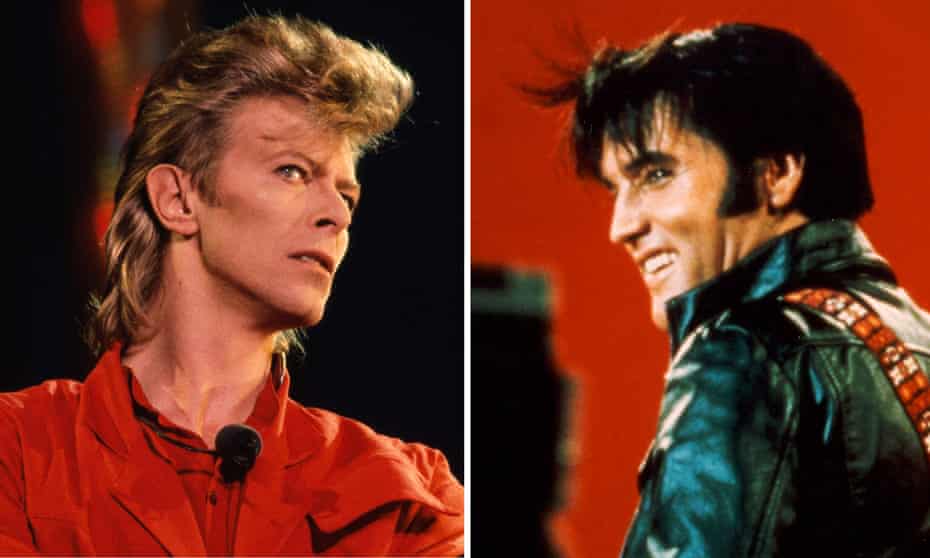 Composite: David Bowie performing in France in 1987, Elvis Presley performing on the Elvis comeback TV special in 1968