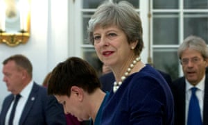 Theresa May attends a dinner before an informal EU leaders’ summit in Tallinn, Estonia