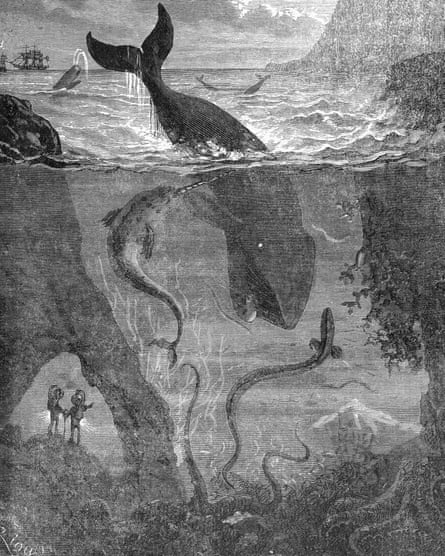 La página de título en blanco y negro de Veinte mil leguas de viaje submarino de Julio Verne que muestra una ballena y otras criaturas marinas.