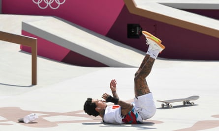 Nyjah Huston falls during his run at the Tokyo Olympics.