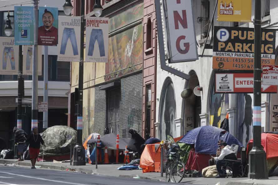 Tents line a sidewalk on Golden Gate Avenue in San Francisco’s Tenderloin neighborhood.