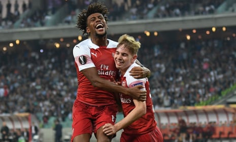 Emile Smith Rowe (right) celebrates scoring Arsenal’s second goal with Alex Iwobi.