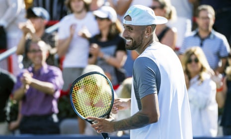 Nick Kyrgios celebrates his victory over Daniil Medvedev at the National Bank Open in Montreal. 