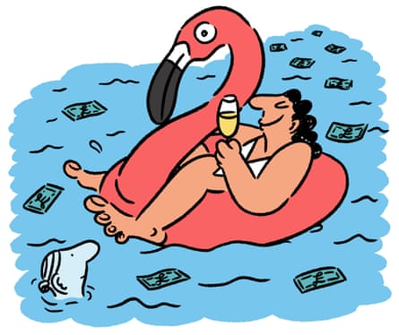 A woman on a water float holds a glass of fizz. The pool is filled with cash and a woman looking disappointed