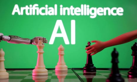 Words reading Artificial intelligence AI, plus robot hand and toy hand with chess pieces