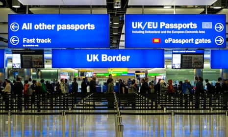 Immigration and passport control at Heathrow airport, London.