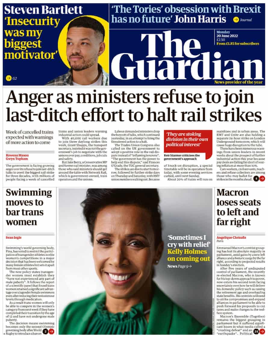 Guardian front page, 20 June 2022