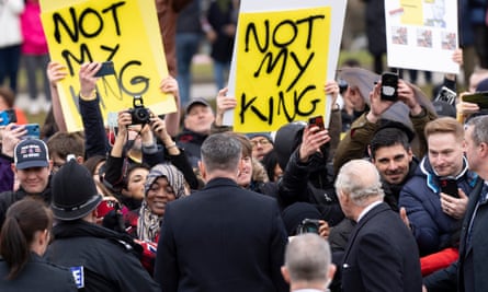 King Charles III faces anti-monarchy protesters during a visit to Milton Keynes on 16 February.