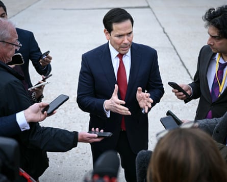 Marco Rubio, the US secretary of state, speaks to the press.