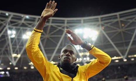 Usain Bolt waves farewell to  the crowd on the final night of the world championships at the London Stadium