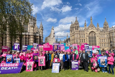 Supporters of Dignity in Dying, the group in favour of assisted dying, outside the Commons today.