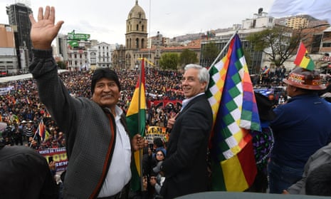 Bolivia’s former president Evo Morales, left, with former vice-president Álvaro García Linera during a rally in La Paz, on 5 November. They fled to Mexico on 11 November.
