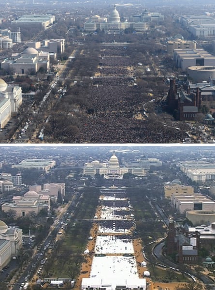 An Associated Press combination of photos shows a view of the crowd on the National Mall at the inaugurations of President Barack Obama, top, on 20 January 2009, and President Donald Trump, bottom, on 20 January 2017. The Associated Press said both were shot shortly before noon from the top of the Washington Monument.