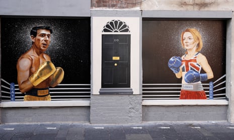 A mural that appeared on a wall in Belfast city centre on Tuesday 16 August showing the Conservative leadership contestants, Rishi Sunak and Liz Truss.