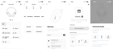 Screenshots of the Bose app from an iPhone showing various settings for the QuietComfort Ultra Headphones 2.
