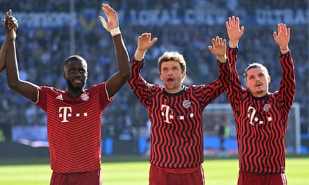Dayot Upamecano and Marcel Sabitzer, standing either side of Thomas Müller, are among the players taken by Bayern from rival German clubs.