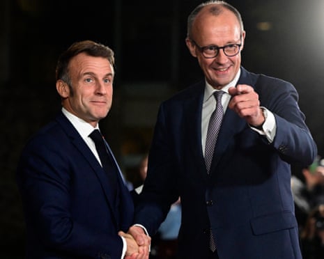 French president Emmanuel Macron is welcomed by German chancellor Friedrich Merz at the Chancellery in Berlin.