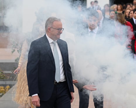 Australian Prime Minister Anthony Albanese attends a smoking ceremony ahead of opening of the 48th Federal Parliament on the forecourt of Parliament House.
