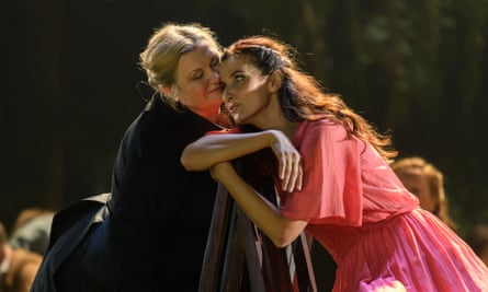 Margarita Nekrasova as Filippyevna and Karolina Gumos as Olga in Eugene Onegin, at Festival theatre, Edinburgh 2019. Komische Oper Berlin production.