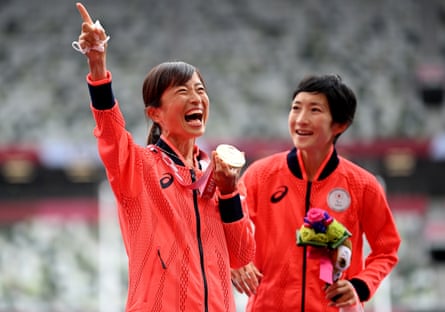 Gold medalist Misato Michishita poses after her medal ceremony.