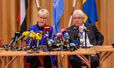 Sweden’s foreign minister, Margot Wallström, and the UN special envoy, Martin Griffiths, at the opening session of the talks near Stockholm on Thursday.