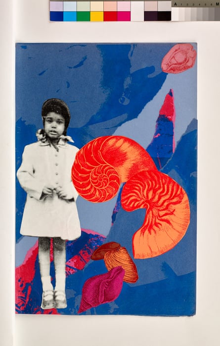 Artwork incorporating a photo of a young black girl on a blue and pink background of other photos