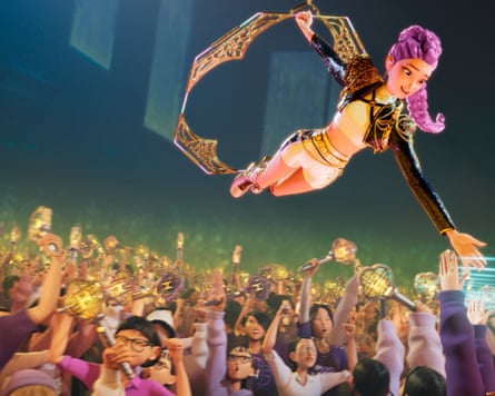 Rumi of Huntr/x soars above a thrilled crowd in KPop Demon Hunters