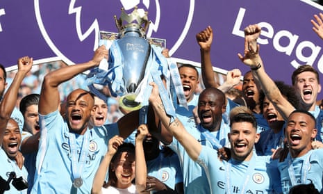 Manchester City celebrate their Premier League title success of the 2017-18 season.