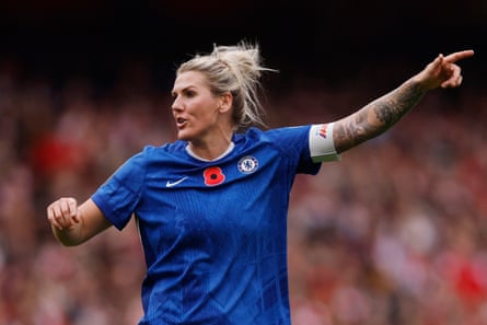 Millie Bright helps direct her Chelsea teammates against Arsenal at the Emirates Stadium
