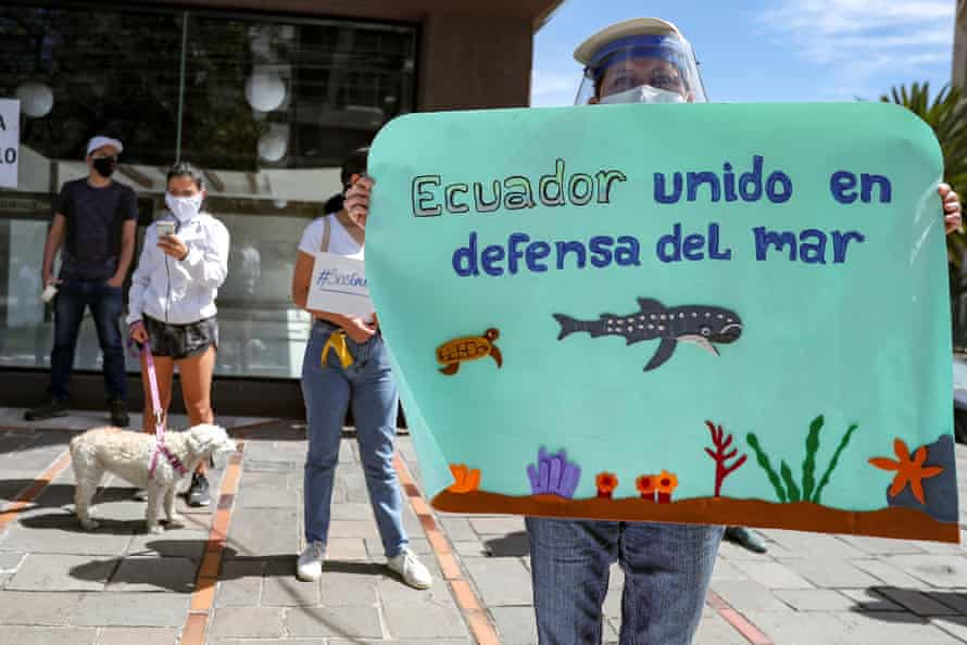 Protesters outside the Chinese embassy in Quito, Ecuador, called earlier this month for a fishery check.