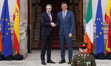 Taoiseach Simon Harris (left) shakes hands with the Spanish prime minister, Pedro Sánchez, in Dublin.