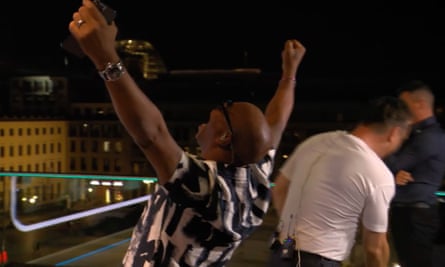 Ian Wright and Gary Neville celebrate England’s winning goal in the ITV studio.