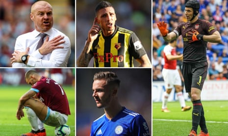 Clockwise from top left: Burnley’s Sean Dyche, Watford assist king José Holebas, Arsenal’s current No1 Petr Cech; Leicester prospect James Maddison and West Ham’s Marko Arnautovic