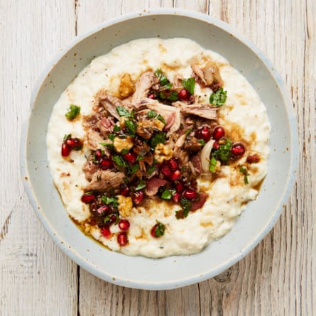 Bread porridge with pulled pheasant and walnut salsa.