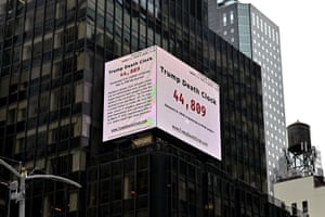 A Trump Death Clock, which calculates the portion of US Covid-19 deaths allegedly caused by Donald Trump's delayed response to the coronavirus pandemic, was unveiled by Eugene Jarecki in New York's Times Square this morning.
